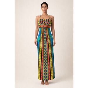 Magnolia Multicolor Medium Aztec Print Maxi Dress Sleeveless Lace Up Back Boho